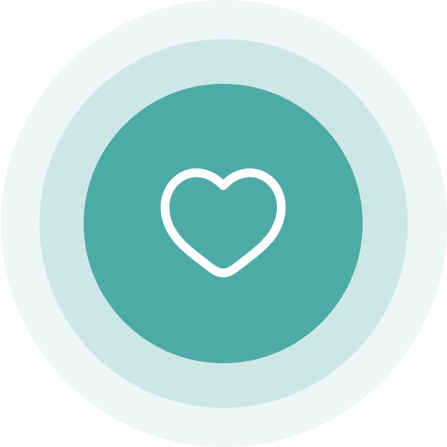 Heart icon on teal circular background.