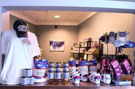 Buffalo-themed merchandise display in shop.