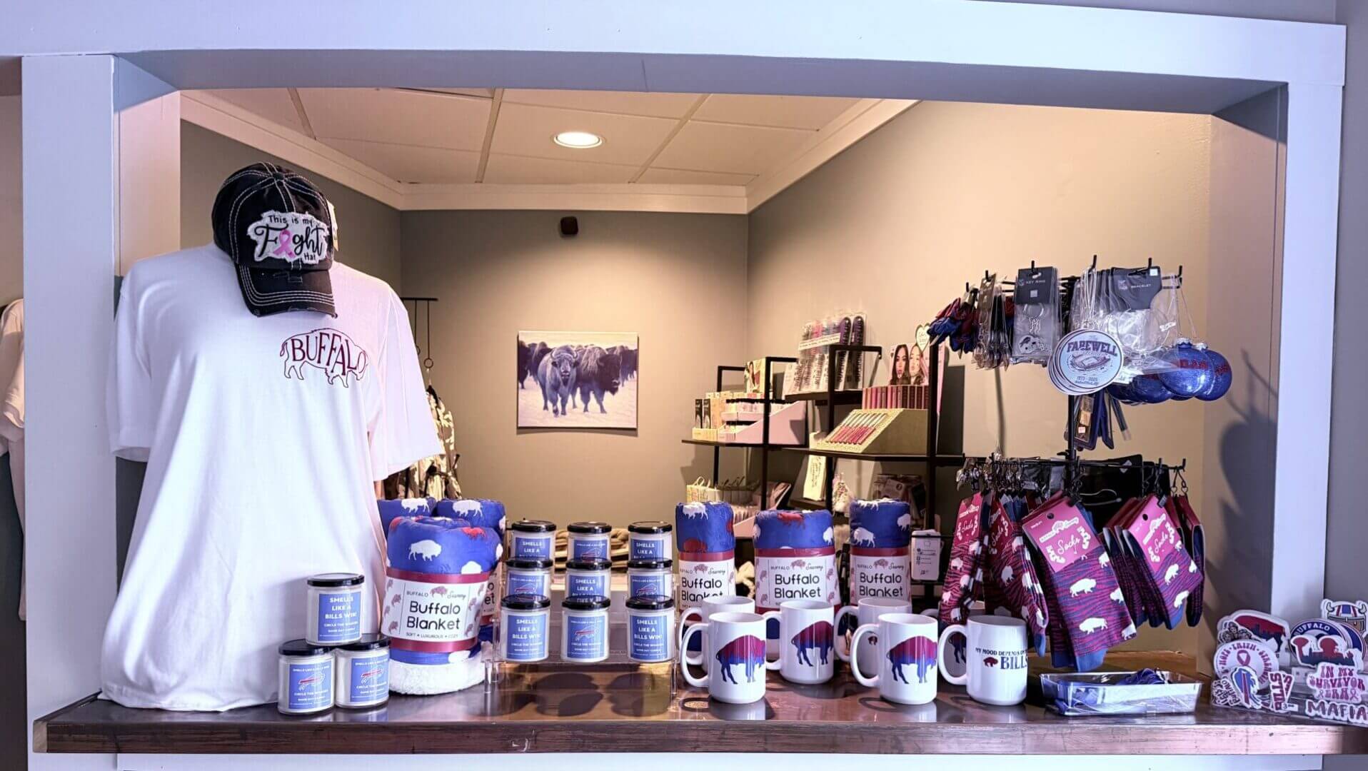 Gift shop with buffalo-themed merchandise display.